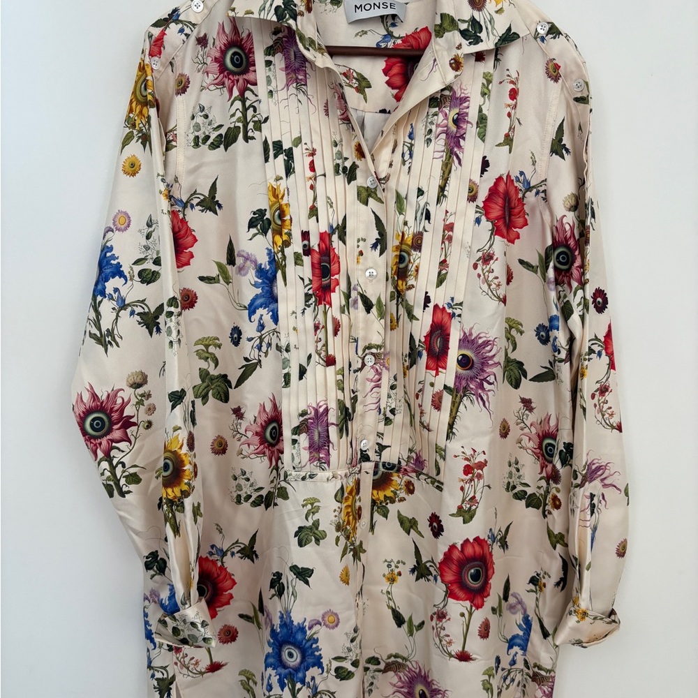 NWOT MONSE Floral Long Sleeve Dress - Cream, Red, Blue 100% silk